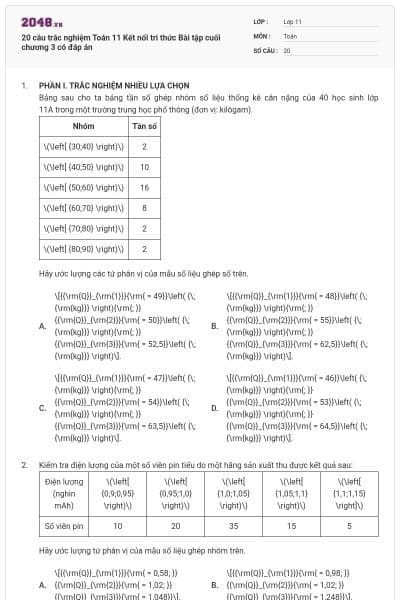 20 câu trắc nghiệm Toán 11 Kết nối tri thức Bài tập cuối chương 3 có đáp án