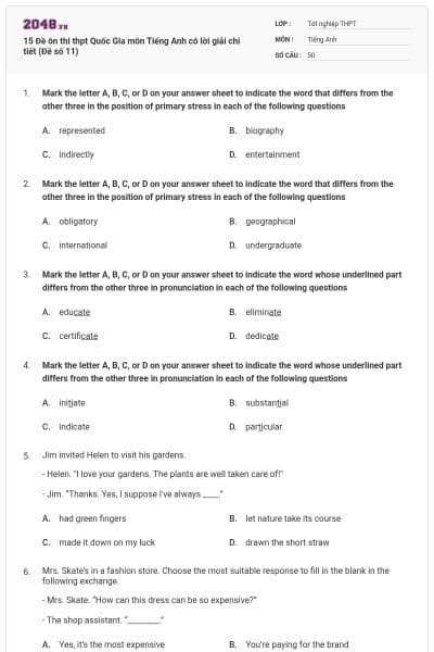 15 Đề ôn thi thpt Quốc Gia môn Tiếng Anh có lời giải chi tiết (Đề số 11)