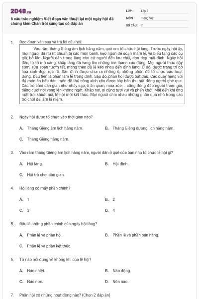 6 câu trắc nghiệm Viết đoạn văn thuật lại một ngày hội đã chứng kiến Chân trời sáng tạo có đáp án