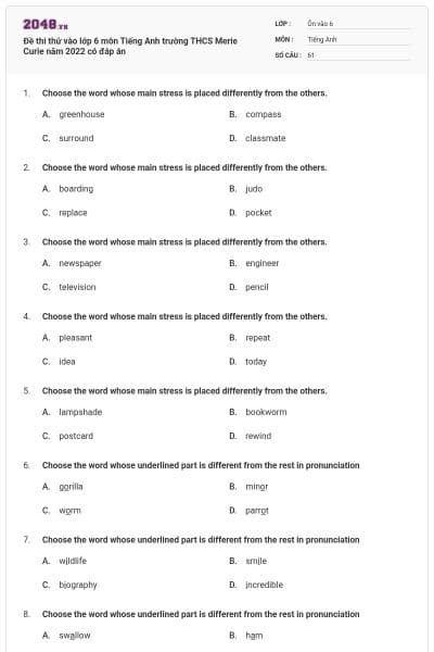 Đề thi thử vào lớp 6 môn Tiếng Anh trường THCS Merie Curie năm 2022 có đáp án
