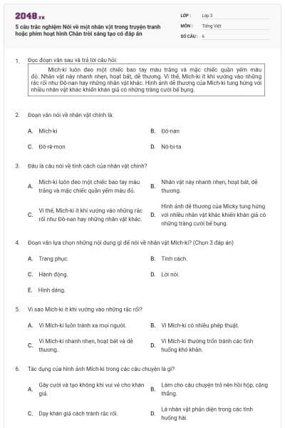 5 câu trắc nghiệm Nói về một nhân vật trong truyện tranh hoặc phim hoạt hình  Chân trời sáng tạo có đáp án