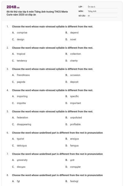 Đề thi thử vào lớp 6 môn Tiếng Anh trường THCS Merie Curie năm 2020 có đáp án