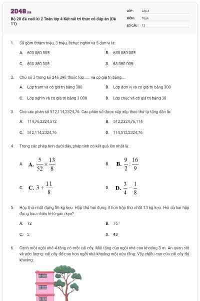 Bộ 20 đề cuối kì 2 Toán lớp 4 Kết nối tri thức có đáp án (Đề 11)