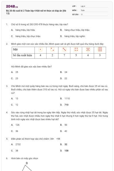 Bộ 20 đề cuối kì 2 Toán lớp 4 Kết nối tri thức có đáp án (Đề 13)