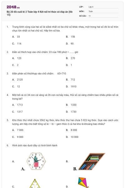 Bộ 20 đề cuối kì 2 Toán lớp 4 Kết nối tri thức có đáp án (Đề 15)