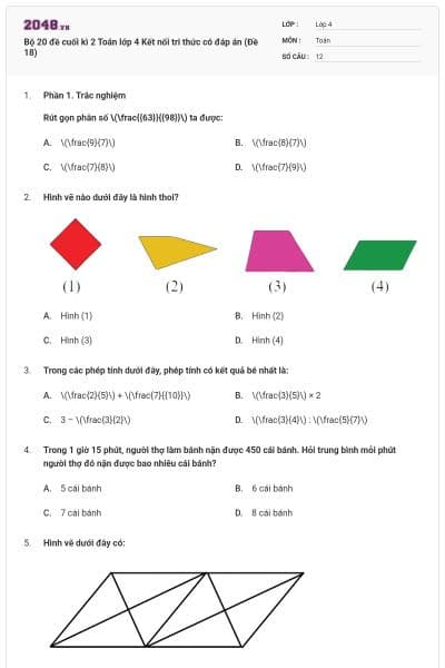 Bộ 20 đề cuối kì 2 Toán lớp 4 Kết nối tri thức có đáp án (Đề 18)