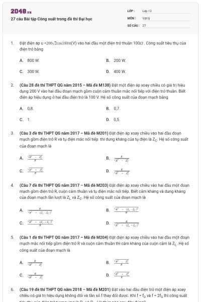 27 câu Bài tập Công suất trong đề thi Đại học