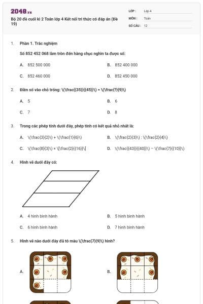 Bộ 20 đề cuối kì 2 Toán lớp 4 Kết nối tri thức có đáp án (Đề 19)