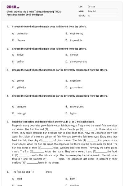 Đề thi thử vào lớp 6 môn Tiếng Anh trường THCS Amsterdam năm 2019 có đáp án