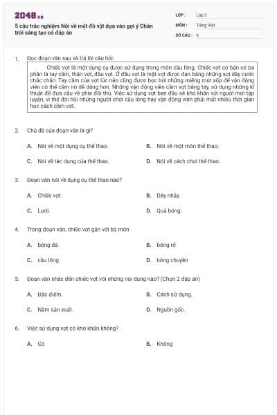 5 câu trắc nghiệm Nói về một đồ vật dựa vào gợi ý Chân trời sáng tạo có đáp án