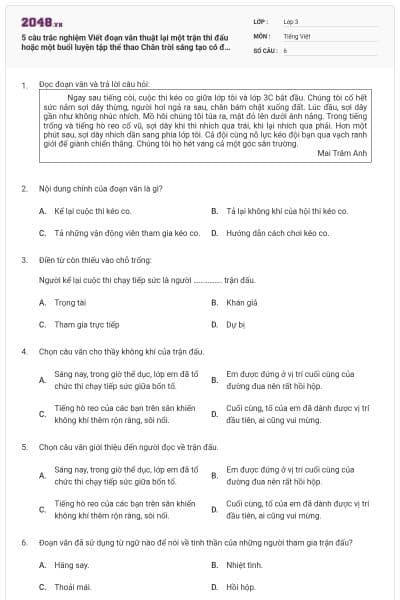 5 câu trắc nghiệm Viết đoạn văn thuật lại một trận thi đấu hoặc một buổi luyện tập thể thao Chân trời sáng tạo có đáp án