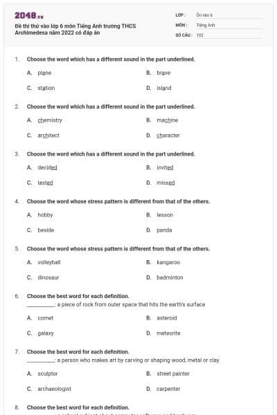 Đề thi thử vào lớp 6 môn Tiếng Anh trường THCS Archimedesa năm 2022 có đáp án