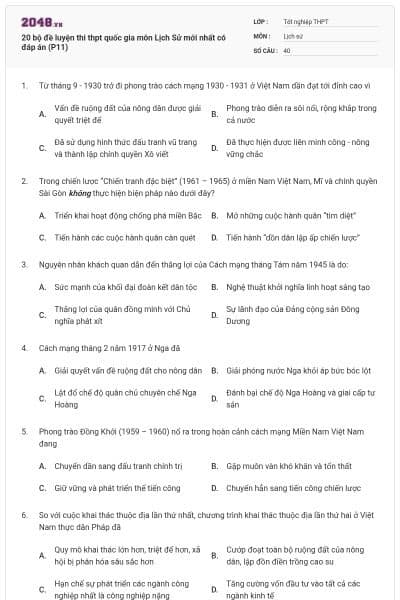 20 bộ đề luyện thi thpt quốc gia môn Lịch Sử mới nhất có đáp án (P11)