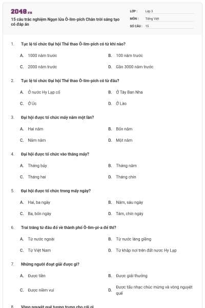 15 câu trắc nghiệm Ngọn lửa Ô-lim-pích Chân trời sáng tạo có đáp án