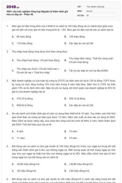 400+ câu trắc nghiệm tổng hợp Nguyên lý thẩm định giá hóa có đáp án - Phần 46