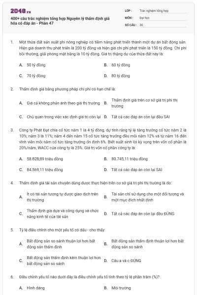 400+ câu trắc nghiệm tổng hợp Nguyên lý thẩm định giá hóa có đáp án - Phần 47