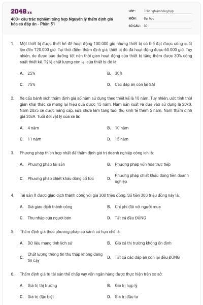400+ câu trắc nghiệm tổng hợp Nguyên lý thẩm định giá hóa có đáp án - Phần 51