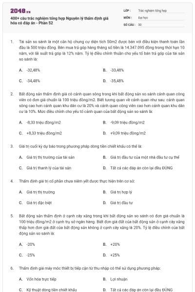 400+ câu trắc nghiệm tổng hợp Nguyên lý thẩm định giá hóa có đáp án - Phần 52
