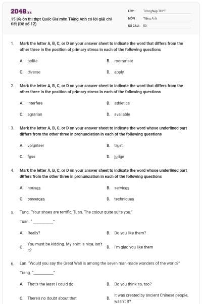 15 Đề ôn thi thpt Quốc Gia môn Tiếng Anh có lời giải chi tiết (Đề số 12)