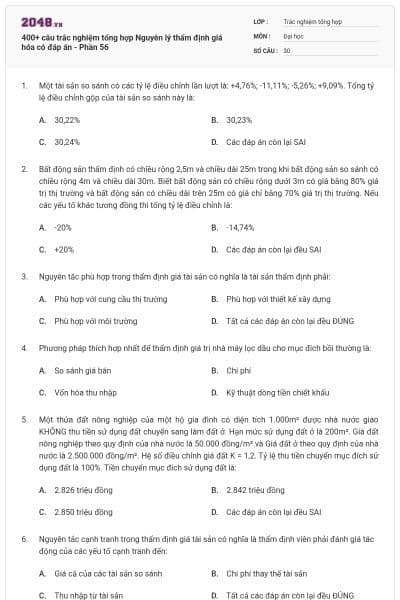 400+ câu trắc nghiệm tổng hợp Nguyên lý thẩm định giá hóa có đáp án - Phần 56
