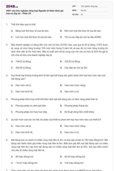 400+ câu trắc nghiệm tổng hợp Nguyên lý thẩm định giá hóa có đáp án - Phần 59