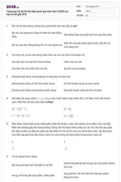 Tổng hợp 20 đề thi thử thpt quốc gia môn Vật lí 2020 cực hay có lời giải (P3)