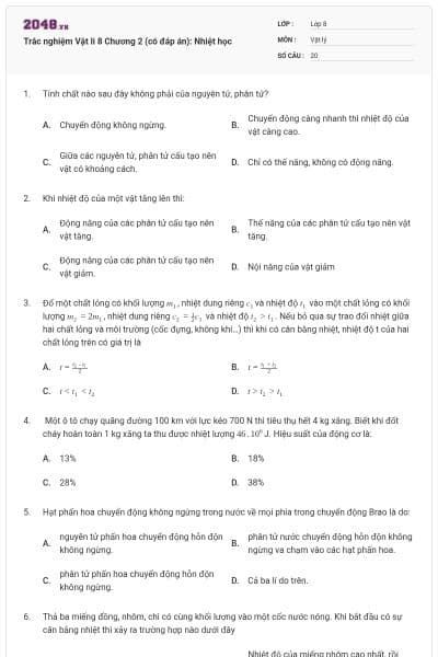 Trắc nghiệm Vật li 8 Chương 2 (có đáp án): Nhiệt học