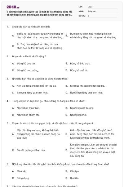 9 câu trắc nghiệm Luyện tập tả một đồ vật thường dùng khi đi học hoặc khi đi tham quan, du lịch Chân trời sáng tạo có đáp án