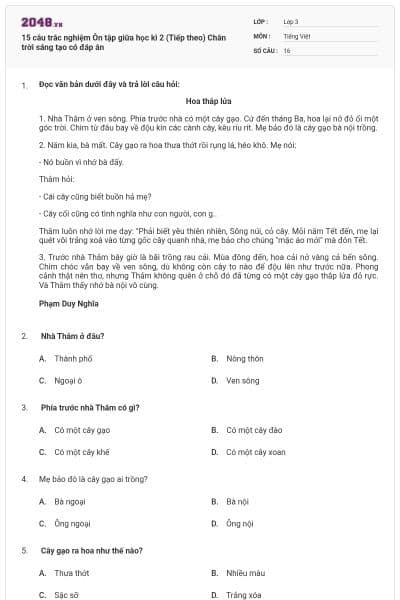 15 câu trắc nghiệm Ôn tập giữa học kì 2 (Tiếp theo) Chân trời sáng tạo có đáp án