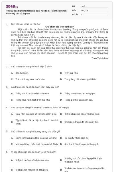 10 câu trắc nghiệm Đánh giá cuối học kì 2 (Tiếp theo) Chân trời sáng tạo có đáp án