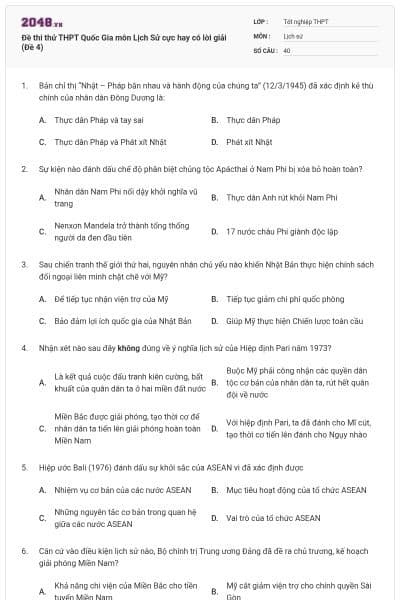 Đề thi thử THPT Quốc Gia môn Lịch Sử cực hay có lời giải (Đề 4)