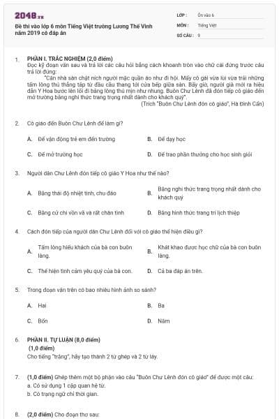 Đề thi vào lớp 6 môn Tiếng Việt trường Lương Thế Vinh năm 2019 có đáp án