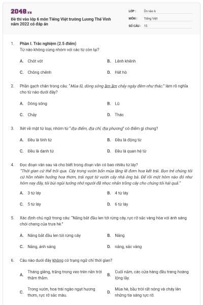 Đề thi vào lớp 6 môn Tiếng Việt trường Lương Thế Vinh năm 2022 có đáp án