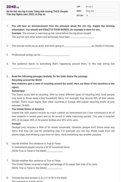 Đề thi thử vào lớp 6 môn Tiếng Anh trường THCS Chuyên Trần Đại Nghĩa năm 2023 có đáp án