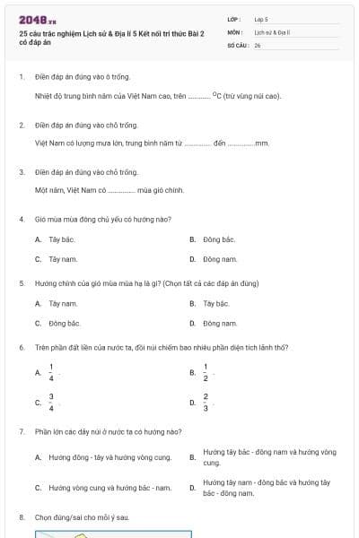 25 câu trắc nghiệm Lịch sử & Địa lí 5 Kết nối tri thức Bài 2 có đáp án