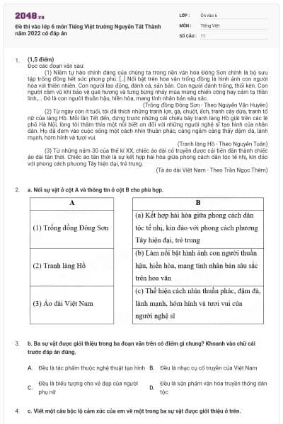 Đề thi vào lớp 6 môn Tiếng Việt trường Nguyễn Tất Thành năm 2022 có đáp án