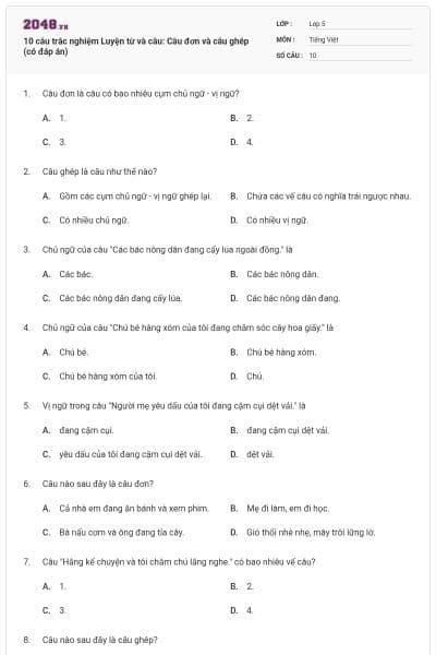 10 câu trắc nghiệm Luyện từ và câu: Câu đơn và câu ghép (có đáp án)