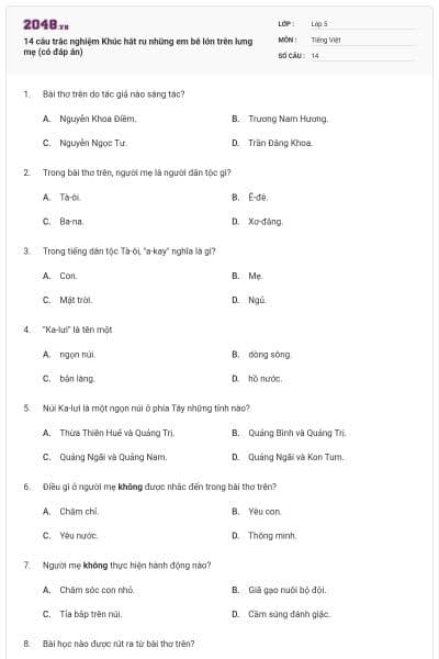 14 câu trắc nghiệm Khúc hát ru những em bé lớn trên lưng mẹ (có đáp án)