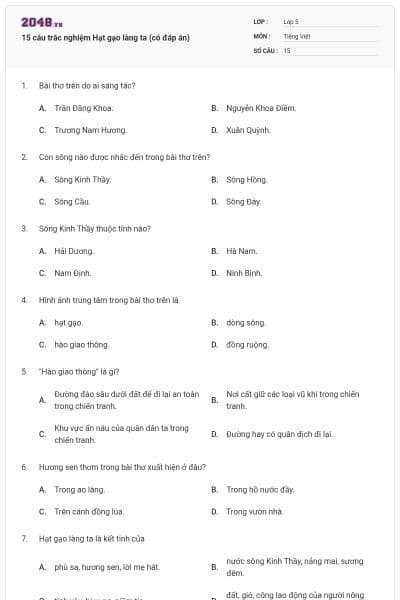 15 câu trắc nghiệm Hạt gạo làng ta (có đáp án)