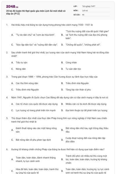 20 bộ đề luyện thi thpt quốc gia môn Lịch Sử mới nhất có đáp án (P12)