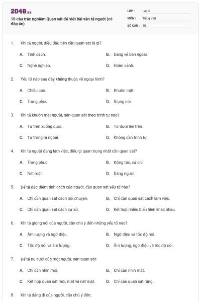 10 câu trắc nghiệm Quan sát để viết bài văn tả người (có đáp án)
