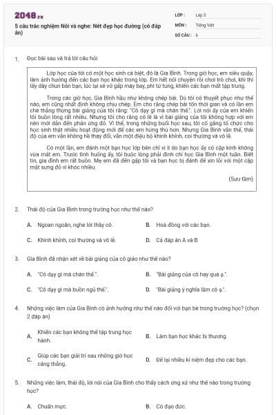 5 câu trắc nghiệm Nói và nghe: Nét đẹp học đường (có đáp án)