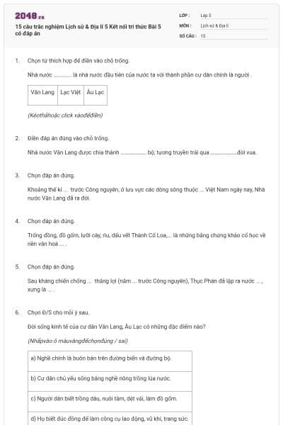 15 câu trắc nghiệm Lịch sử & Địa lí 5 Kết nối tri thức Bài 5 có đáp án
