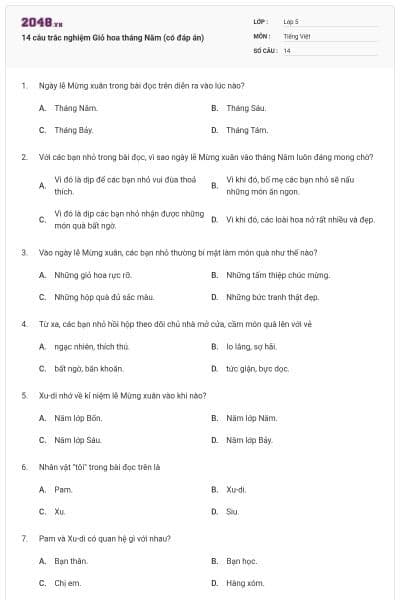 14 câu trắc nghiệm Giỏ hoa tháng Năm (có đáp án)
