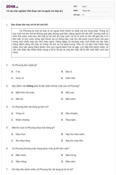 10 câu trắc nghiệm Viết đoạn văn tả người (có đáp án)