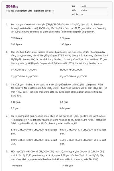 150 câu trắc nghiệm Este - Lipit nâng cao (P1)