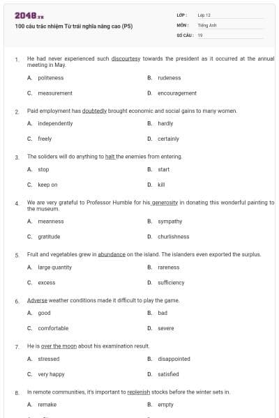 100 câu trắc nhiệm Từ trái nghĩa nâng cao (P5)