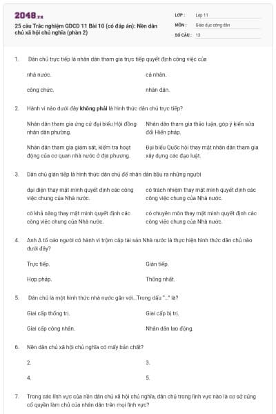 25 câu Trắc nghiệm GDCD 11 Bài 10 (có đáp án): Nền dân chủ xã hội chủ nghĩa (phần 2)