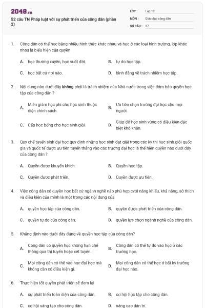 52 câu TN Pháp luật với sự phát triển của công dân (phần 2)