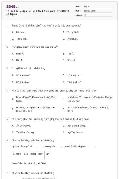 15 câu trắc nghiệm Lịch sử & Địa lí 5 Kết nối tri thức Bài 18 có đáp án
